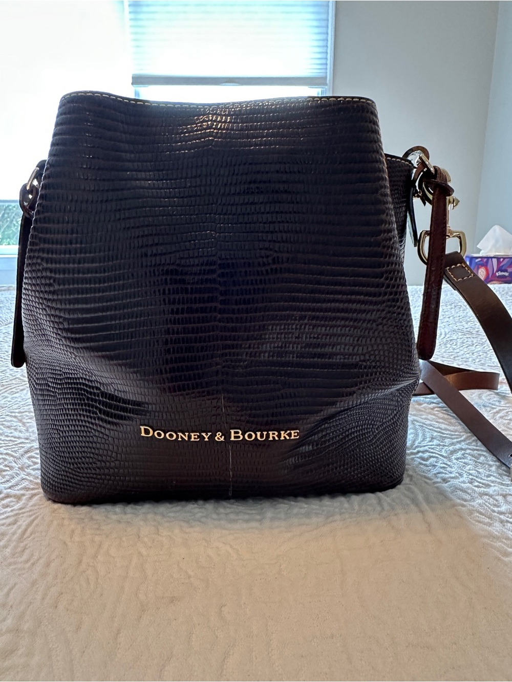 Dooney & Bourke Brown Barlow Lizard-Embossed Leather Crossbody with Brown Strap